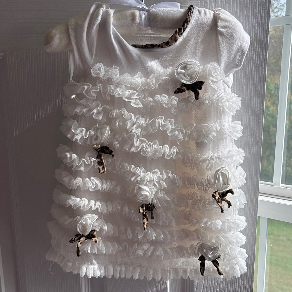 White Ruffled Kids Dress with Floral Accents